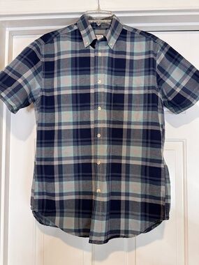 Merona Mens Small Plaid Button Down Shirt Blue Green Short Sleeve Casual